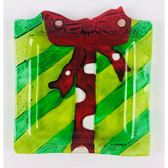 Christmas Glass Candy dish Green Red Bow Stripes 6in x 7in Fused Art Glass - Picture 2 of 5